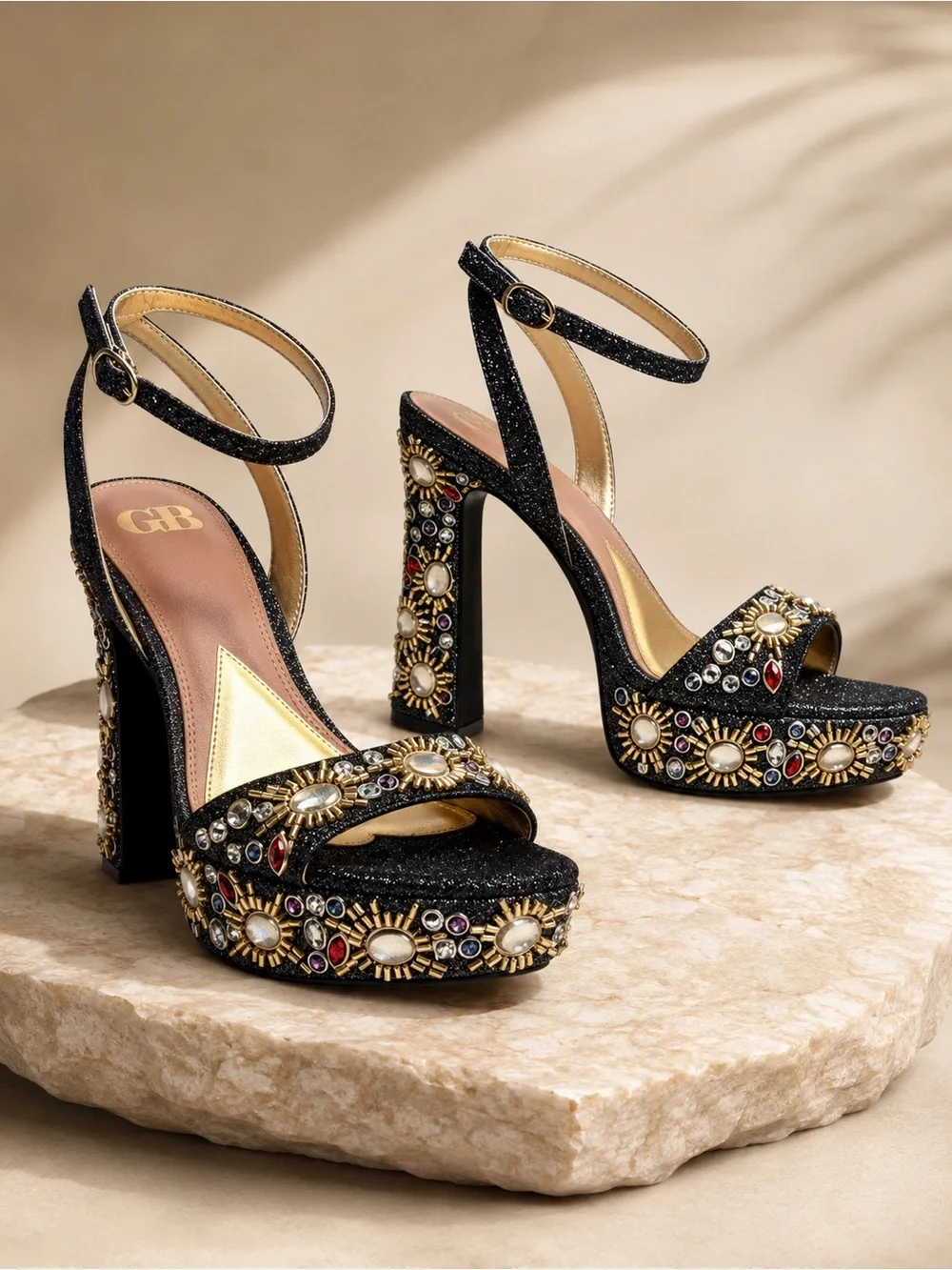 Gianni Bini Black Glitter Enchant-Ment Beaded Embellished Platform Heel Sandals